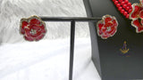 3 Layer Red Pearls Beads Jewellery Set with Brooch Pendant Necklace Earring Bracelet & Ring Beautiful Design