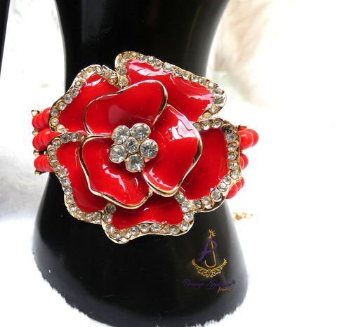 3 Layer Red Pearls Beads Jewellery Set with Brooch Pendant Necklace Earring Bracelet & Ring Beautiful Design