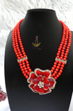 3 Layer Red Pearls Beads Jewellery Set with Brooch Pendant Necklace Earring Bracelet & Ring Beautiful Design
