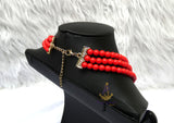 3 Layer Red Pearls Beads Jewellery Set with Brooch Pendant Necklace Earring Bracelet & Ring Beautiful Design