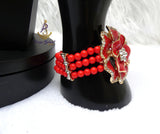 3 Layer Red Pearls Beads Jewellery Set with Brooch Pendant Necklace Earring Bracelet & Ring Beautiful Design