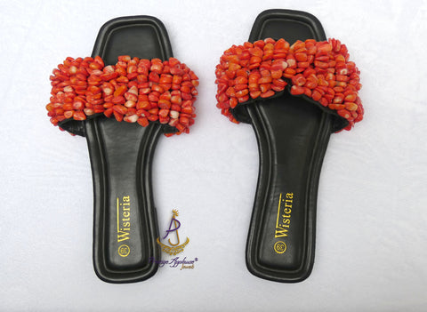 Original Coral Bead Slide Sandals | African Traditional Wedding Slippers | Igbo Edo Yoruba Bridal Shoes | Handmade Coral Beaded Slides for Women