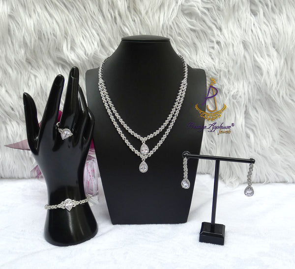 Silver Crystal Bridal Jewellery Set | Cubic Zirconia Wedding Necklace Set | Teardrop Bridal Necklace Earrings Bracelet | Wedding Gift
