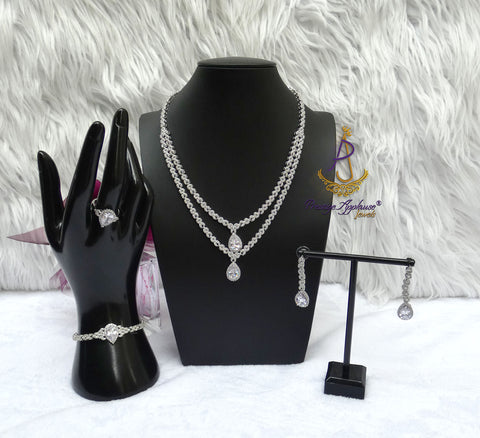 Silver Crystal Bridal Jewellery Set | Cubic Zirconia Wedding Necklace Set | Teardrop Bridal Necklace Earrings Bracelet | Wedding Gift