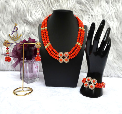 Orange 3 Layers Crystal Bead Wedding Necklace, Bracelet & Earrings Bridal Statement Beads Jewellery Set