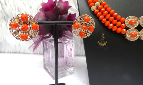 Orange 3 Layers Crystal Bead Wedding Necklace, Bracelet & Earrings Bridal Statement Beads Jewellery Set
