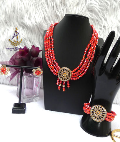 Orange 4 Layers Crystal Bead Wedding Necklace, Bracelet & Earrings Bridal Statement Beads Jewellery Set