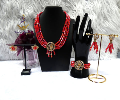 Orange 4 Layers Crystal Bead Wedding Necklace, Bracelet & Earrings Bridal Statement Beads Jewellery Set