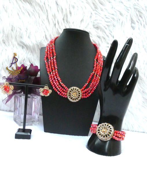 Burnt Orange 4 Layers Crystal Bead Wedding Necklace, Bracelet & Earrings Bridal Statement Beads Jewellery Set