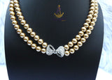 Gold Pearl Double Strand Necklace | Crystal Bow Statement Necklace | Gold Pearl Choker | Bridal Jewellery | Wedding Necklace | Gift for Her