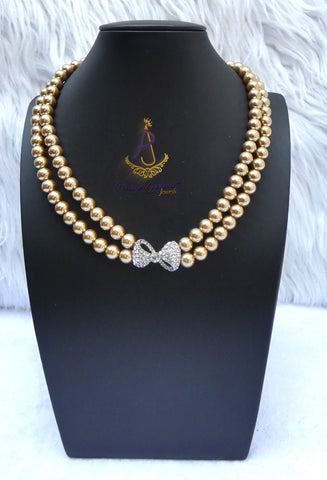 Gold Pearl Double Strand Necklace | Crystal Bow Statement Necklace | Gold Pearl Choker | Bridal Jewellery | Wedding Necklace | Gift for Her