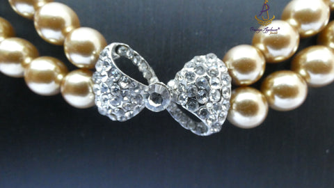 Gold Pearl Double Strand Necklace | Crystal Bow Statement Necklace | Gold Pearl Choker | Bridal Jewellery | Wedding Necklace | Gift for Her