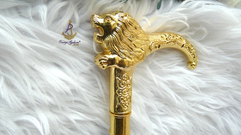 Lion Head Walking Cane | Gold Lion Handle Walking Stick | African Traditional Groom Cane | Royal King Costume Cane | Nigerian Wedding Accessory | Decorative Gentleman Cane