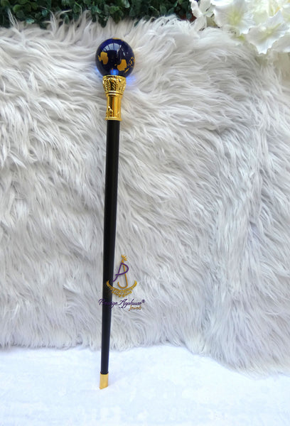Globe Walking Staff Cane | Gold & Blue Crystal Ball Handle Royal Ceremonial Walking Stick – Decorative, Gentleman's Young Toddler Boy Staff