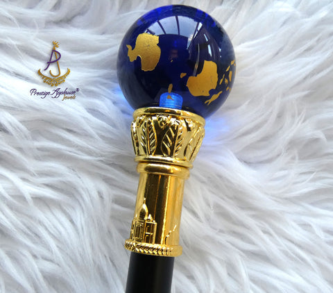 Globe Walking Staff Cane | Gold & Blue Crystal Ball Handle Royal Ceremonial Walking Stick – Decorative, Gentleman's Young Toddler Boy Staff