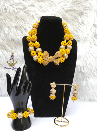 Yellow African Beaded Jewellery Set | Nigerian Wedding Beads | Bridal Statement Necklace Set | Handmade Beaded Necklace, Earrings & Bracelet | Traditional African Jewellery