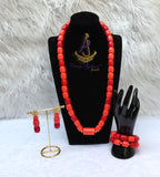 PrestigeApplause Orange Mixed Red Coral Groom Men Women Unisex Couple  Igbo Edo Yoruba  African Beads Necklace Bracelet Jewellery Wedding Set