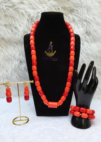 PrestigeApplause Orange Mixed Red Coral Groom Men Women Unisex Couple  Igbo Edo Yoruba  African Beads Necklace Bracelet Jewellery Wedding Set