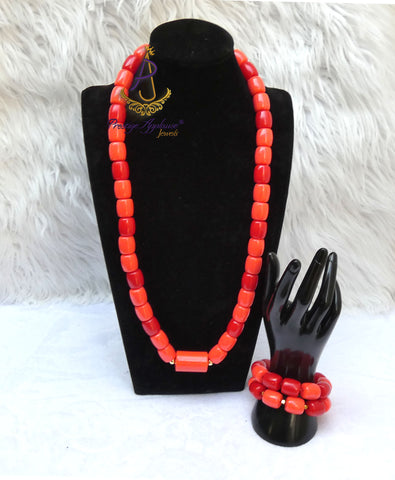 PrestigeApplause Orange Mixed Red Coral Groom Men Women Unisex Couple  Igbo Edo Yoruba  African Beads Necklace Bracelet Jewellery Wedding Set