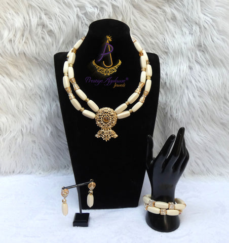 PrestigeApplause African Ivory White Beads Nigerian Traditional Men Women Couple Bridal Wedding Necklace Jewellery Set