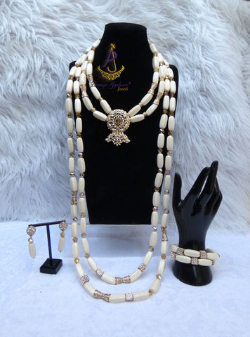 PrestigeApplause African Ivory White Beads Nigerian Traditional Wedding Necklace Jewellery Set