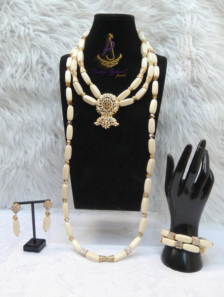 PrestigeApplause African Ivory White Beads Nigerian Traditional Wedding Necklace Jewellery Set