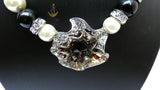 Cream White with Black Crystal Pendant Cocktail Pearl Necklace Bracelet Jewellery
