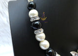 Cream White with Black Crystal Pendant Cocktail Pearl Necklace Bracelet Jewellery