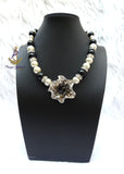 Cream White with Black Crystal Pendant Cocktail Pearl Necklace Bracelet Jewellery