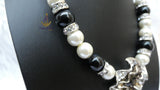 Cream White with Black Crystal Pendant Cocktail Pearl Necklace Bracelet Jewellery