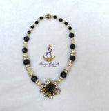 Cream White with Black Crystal Pendant Cocktail Pearl Necklace Bracelet Jewellery