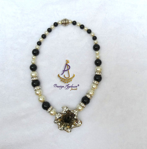 Cream White with Black Crystal Pendant Cocktail Pearl Necklace Bracelet Jewellery