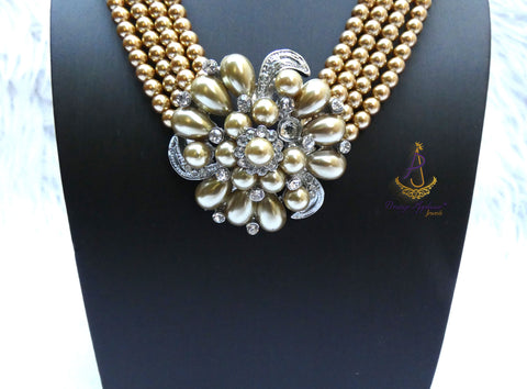 Clearance Gold Pearl 3 Layers Strand Necklace | Crystal Love Statement Necklace | Bridal Jewellery | Wedding Necklace | Gift for Her