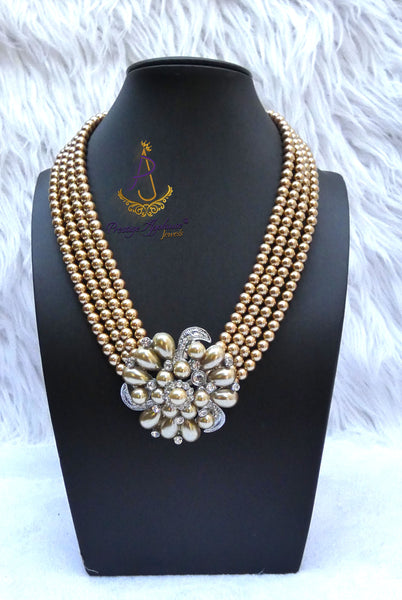 Clearance Gold Pearl 3 Layers Strand Necklace | Crystal Love Statement Necklace | Bridal Jewellery | Wedding Necklace | Gift for Her