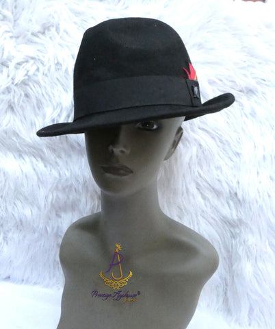 Black Fedora Hat With Feather Accent, Wide Brim Dress Hat with Letter M | Classic Formal Style
