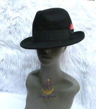 Black Fedora Hat With Feather Accent, Wide Brim Dress Hat with Letter M | Classic Formal Style