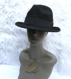 Black Fedora Hat With Feather Accent, Wide Brim Dress Hat with Letter M | Classic Formal Style