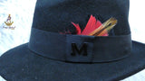 Black Fedora Hat With Feather Accent, Wide Brim Dress Hat with Letter M | Classic Formal Style