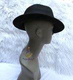 Black Fedora Hat With Feather Accent, Wide Brim Dress Hat with Letter M | Classic Formal Style