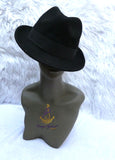 Black Fedora Hat With Feather Accent, Wide Brim Dress Hat with Letter M | Classic Formal Style