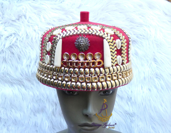 Igbo Red Chief Cap, Beaded Cowrie Ceremonial Hat | Nigerian Traditional Wear