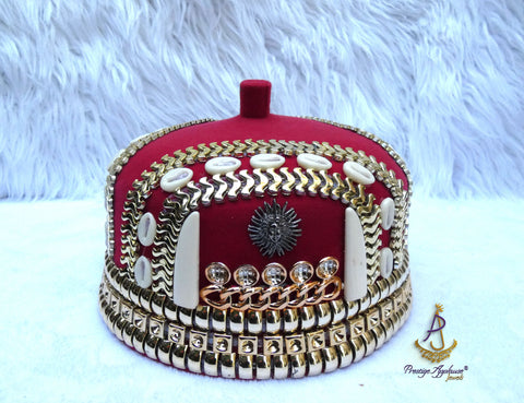 Igbo Red Chief Cap, Beaded Cowrie Ceremonial Hat | Nigerian Traditional Wear