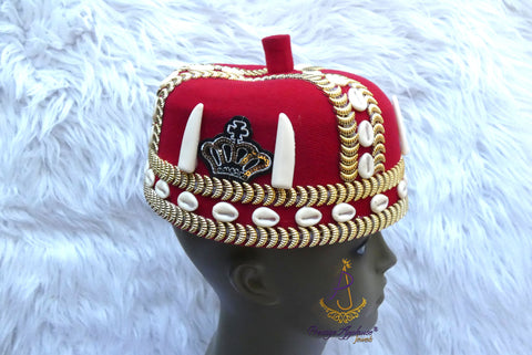 Odogwu Igbo Red Chief Cap, Beaded Cowrie Ceremonial Hat | Nigerian Traditional Wear