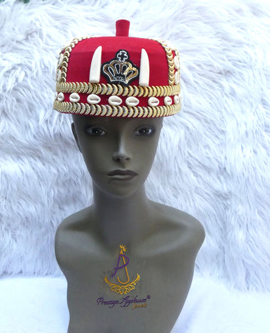 Odogwu Igbo Red Chief Cap, Beaded Cowrie Ceremonial Hat | Nigerian Traditional Wear