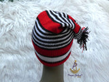 Red White Black Knitted Traditional Cap, Tassel Nigerian Cultural Hat Delta Igbo Edo Traditional Costume Cap