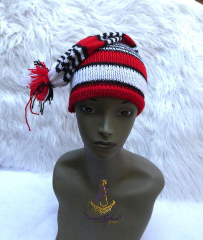 Red White Black Knitted Traditional Cap, Tassel Nigerian Cultural Hat Delta Igbo Edo Traditional Costume Cap