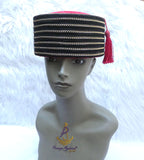 Black Gold-Tone Chain Traditional Cap, Red Tassel Delta Igbo Edo Groom Traditional Wedding Costume Cap