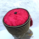 Black Gold-Tone Chain Traditional Cap, Red Tassel Delta Igbo Edo Groom Traditional Wedding Costume Cap