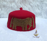 Red Elephant Beaded Traditional Cap, Gold Embellished Nigerian Ceremonial Hat | African Traditional Chief Hat