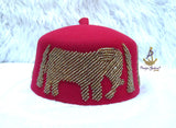 Red Elephant Beaded Traditional Cap, Gold Embellished Nigerian Ceremonial Hat | African Traditional Chief Hat